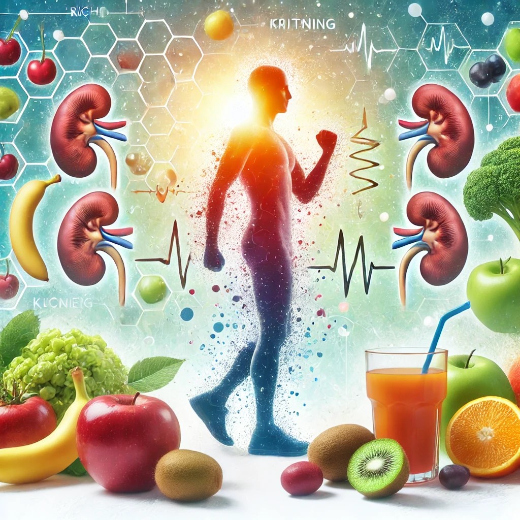 An individual engaging in light exercise with a bright and uplifting background, surrounded by healthy fruits and vegetables, symbolizing kidney health and fitness.